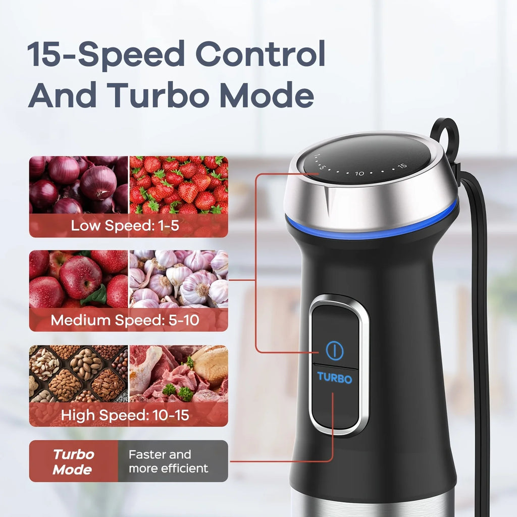 usGaniza 7-in-1 Stainless Steel Handheld Immersion Blender, 15 Variable Speeds And Turbo Modes With 50.72oz Food Processor