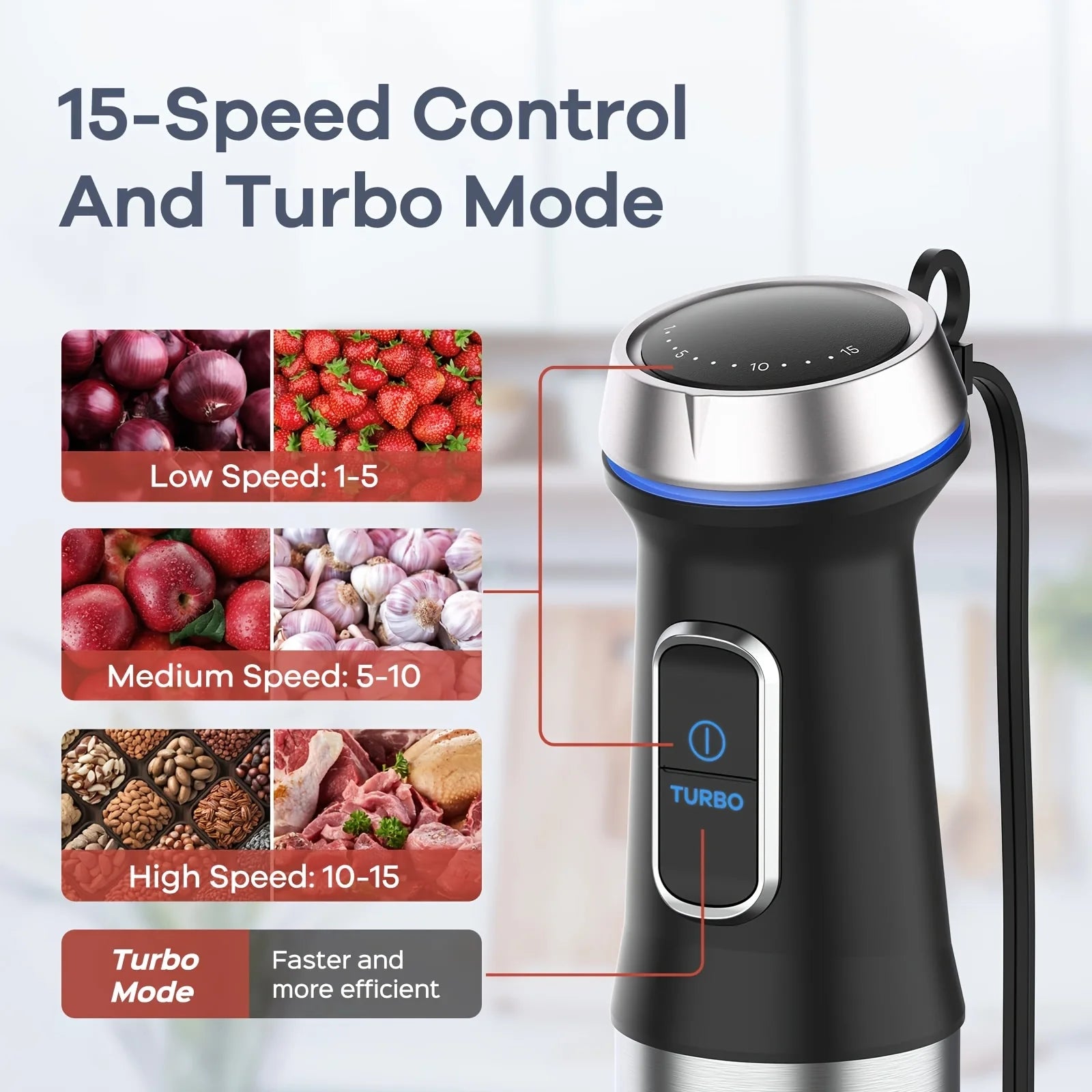usGaniza 7-in-1 Stainless Steel Handheld Immersion Blender, 15 Variable Speeds And Turbo Modes With 50.72oz Food Processor