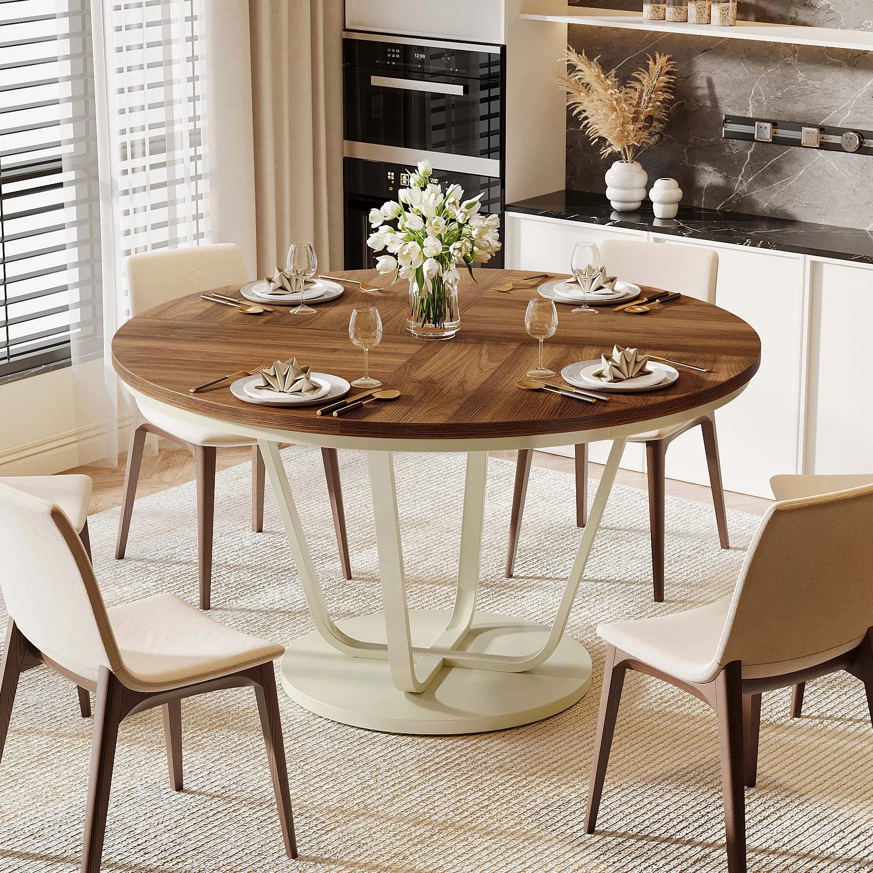 Tribesigns Large Round Wooden Dining Table with Artistic Based Legs for 4-6 People