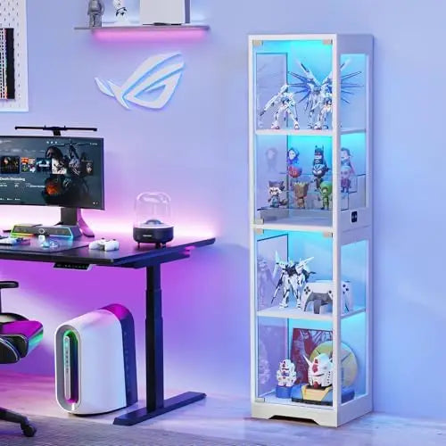 Curio Cabinet, 4-Tier Shelves, 3 Color LED Lights, with Door