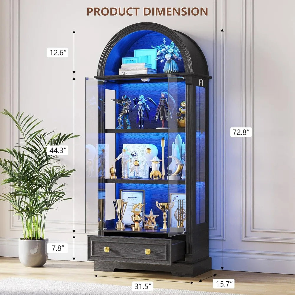 72" Black Curio 4-Tier Display Cabinet with Human Sensor Lights