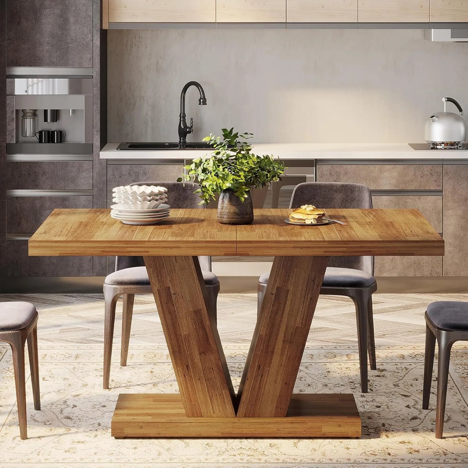 LITTLE TREE 47"Walnut Dining Table with V-Shaped Wooden Base for 4 People