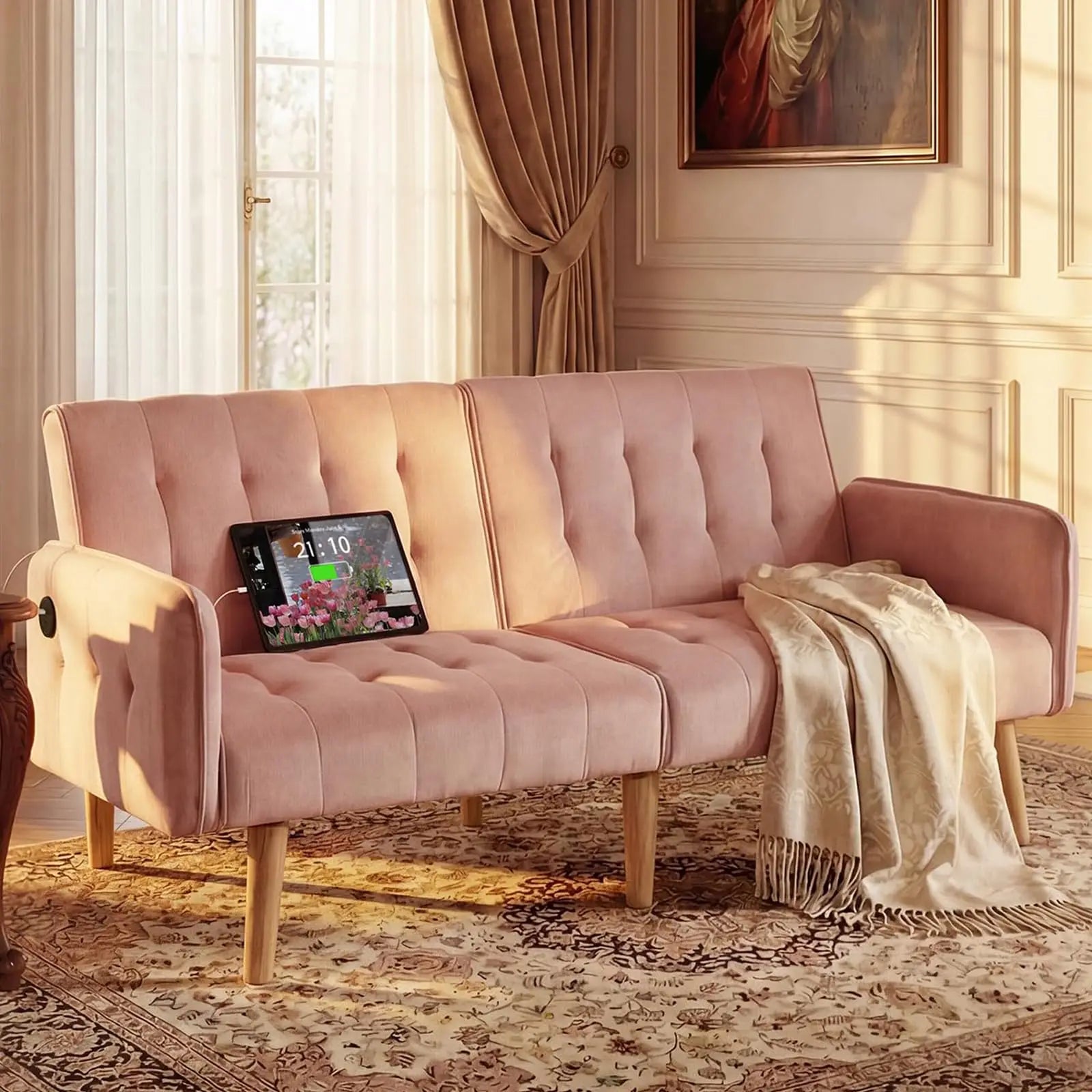 TYBOATLE Brown Faux Leather Futon Sofa Bed Convertible Sleeper Loveseat 2 USB Ports