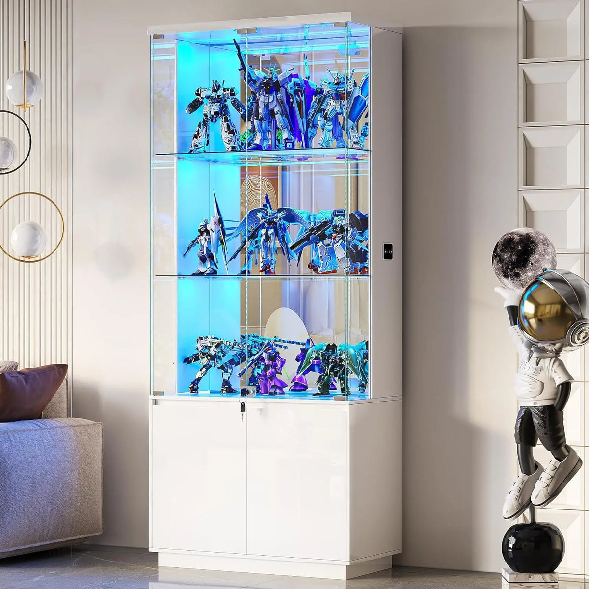 71'' Display Cabinet with Glass Doors,4-Tier Curio Cabinet with 3-Color Lights for Collectibles,Lockable Glass Display, Custom