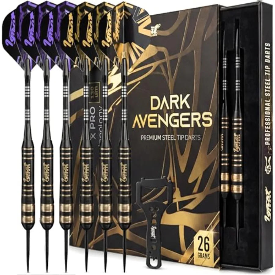 6 Micro-Engineered Brass Barrel Steel Tip Darts with Sharpening Stone for Casual or Seasoned Players