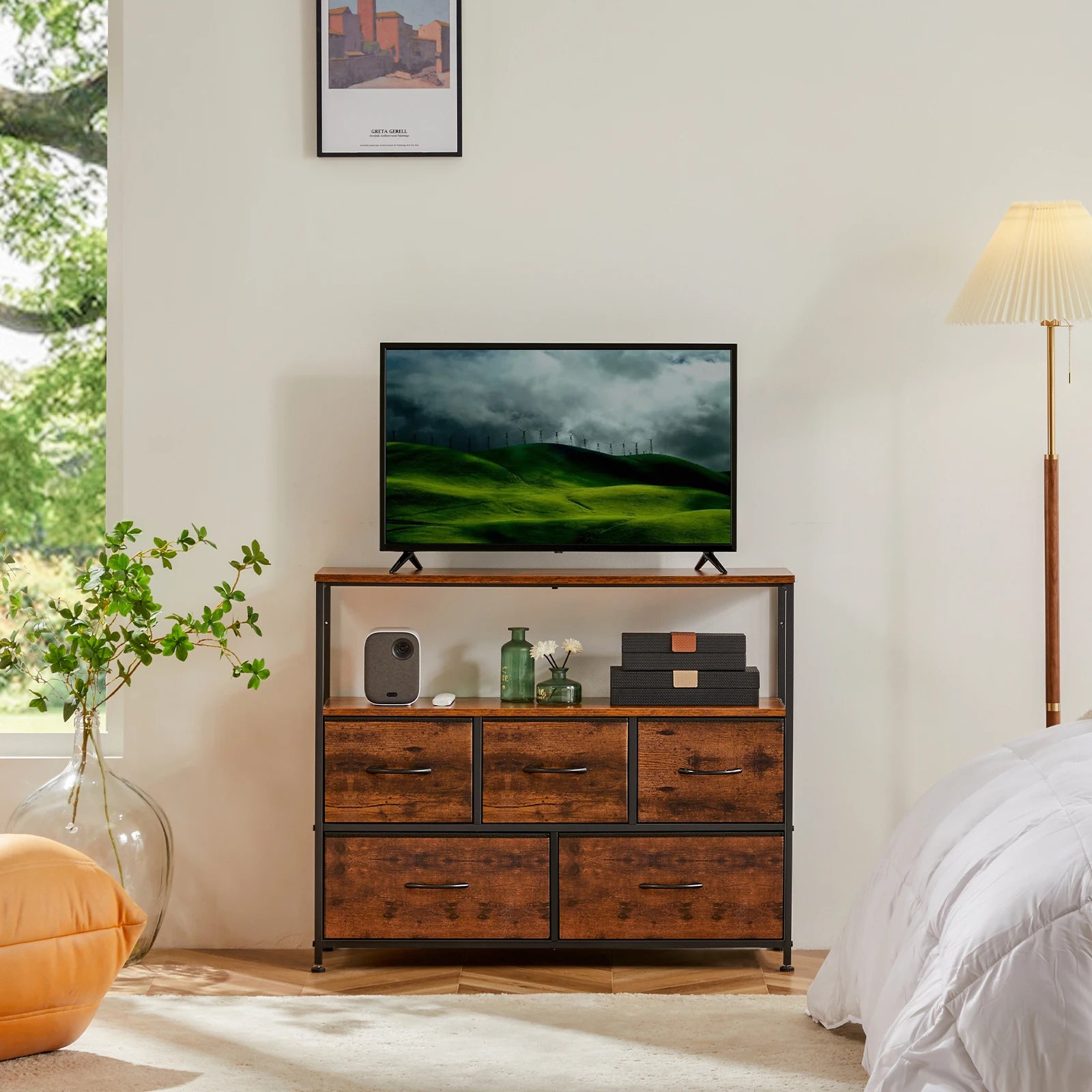 JHK  TV Stand with 5 Storage Drawers