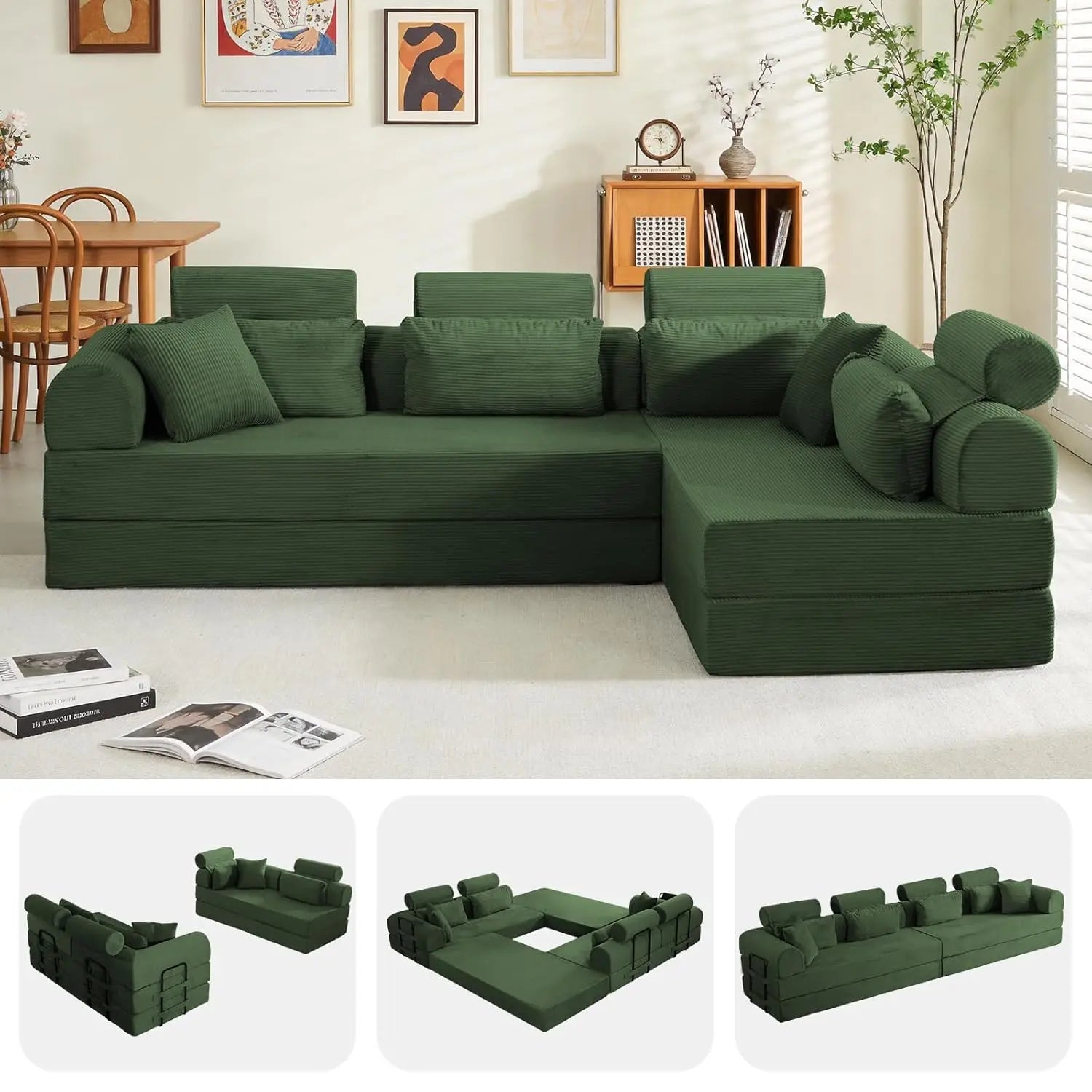 Corduroy L-Shaped Sofa with Right Facing Chaise, Boneless Couches