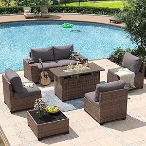 8 Piece Wicker Ratton Outdoor Sectional Patio Furniture Set with 44” Fire Pit Table