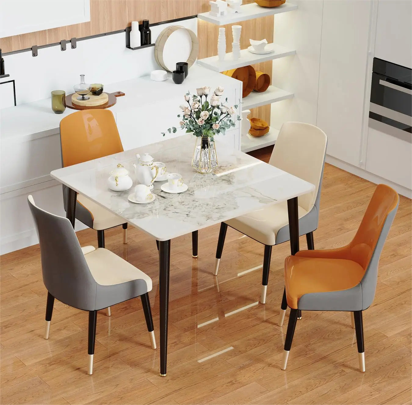 Square Marble Dining Table with Metal Legs for 4-6