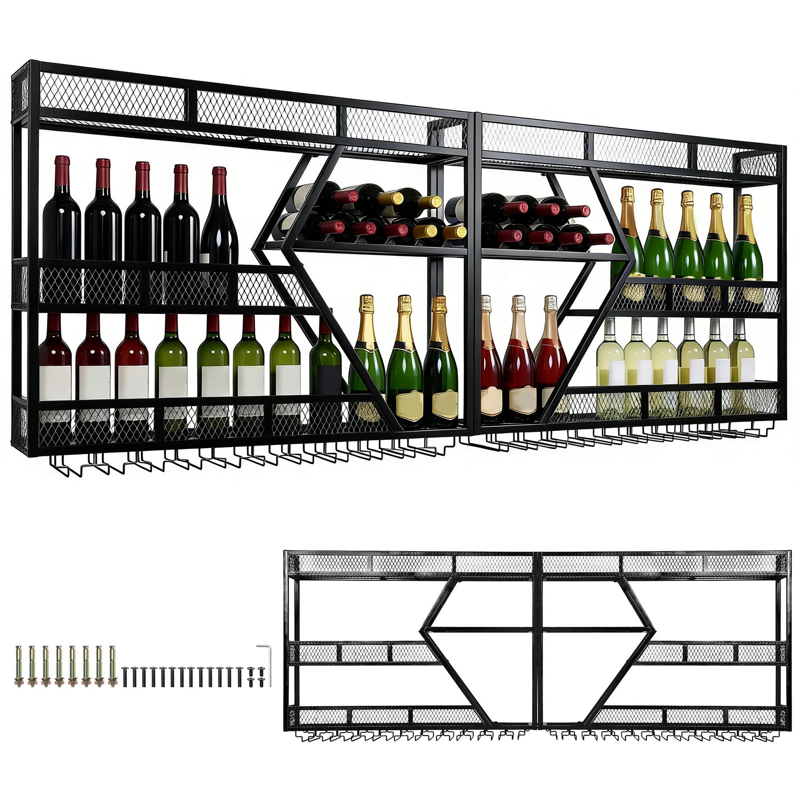 3/4 Tier Wall Mounted Wine Storage Display with Glass Holder