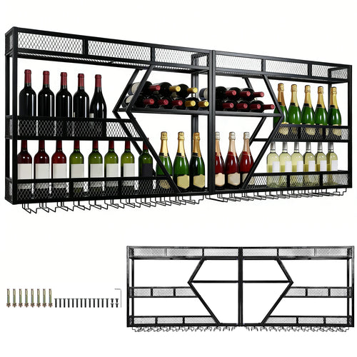 3/4 Tier Wall Mounted Wine Storage Display with Glass Holder