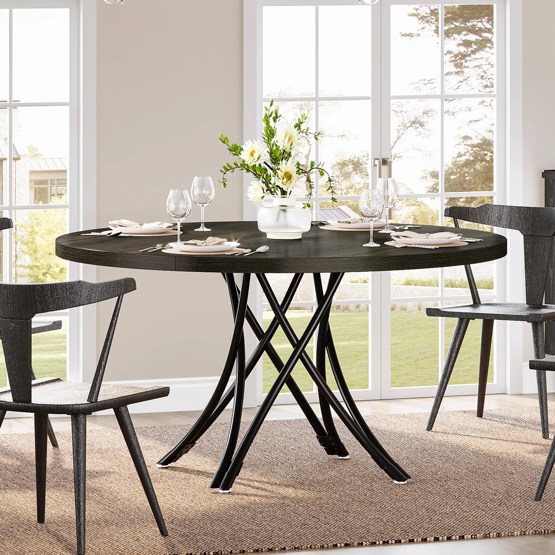 Tribesigns Large Round Wooden Dining Table with Artistic Based Legs for 4-6 People
