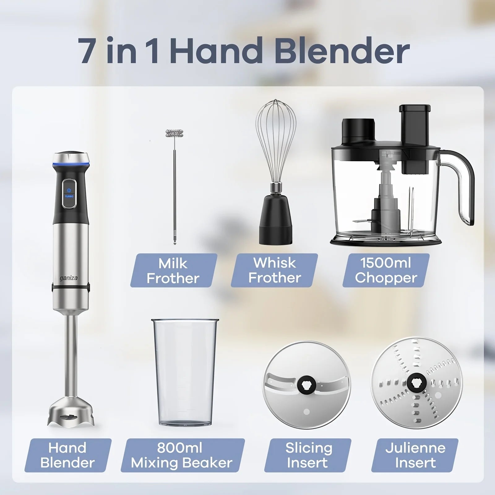 usGaniza 7-in-1 Stainless Steel Handheld Immersion Blender, 15 Variable Speeds And Turbo Modes With 50.72oz Food Processor