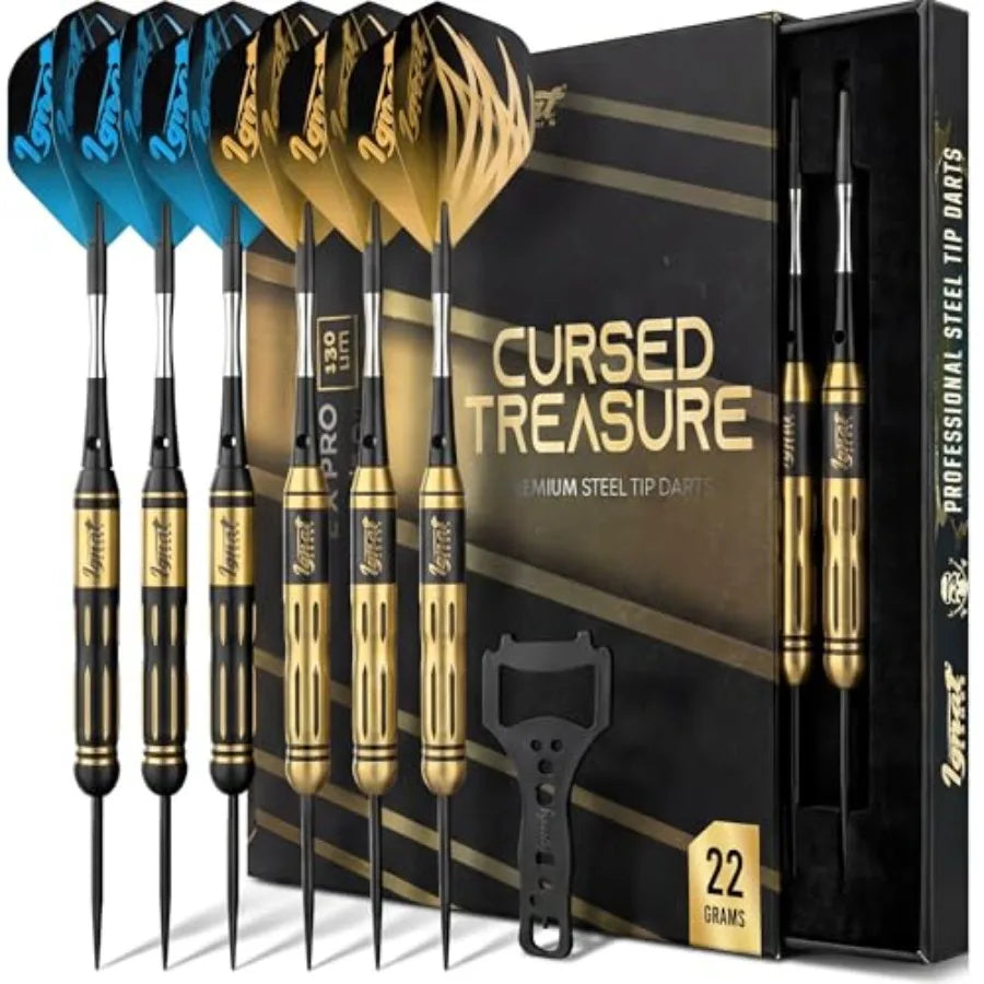 6 Micro-Engineered Brass Barrel Steel Tip Darts with Sharpening Stone for Casual or Seasoned Players