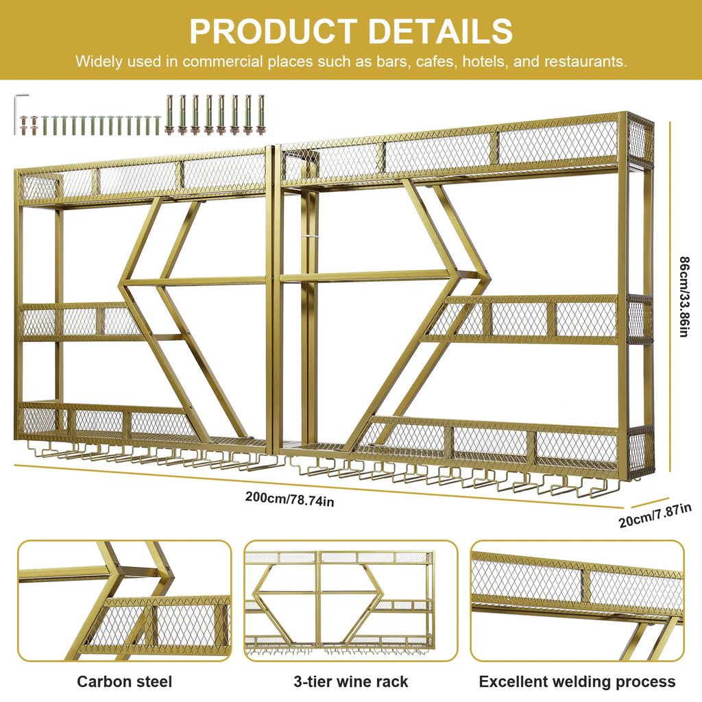 Metal Wine Bottles Display Storage Shelf with Glass Holder