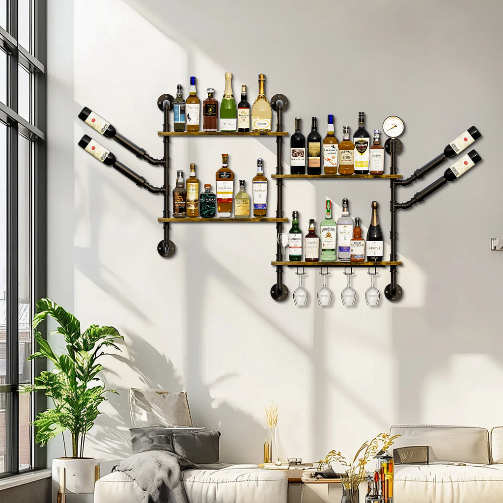 Pipe Bar Liquor Shelf, Floating Shelves with Wine Glass Holder