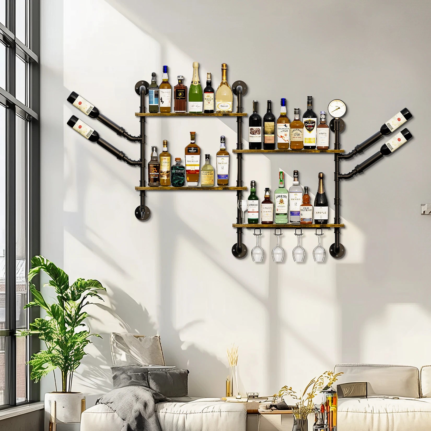 Pipe Bar Liquor Shelf, Floating Shelves with Wine Glass Holder