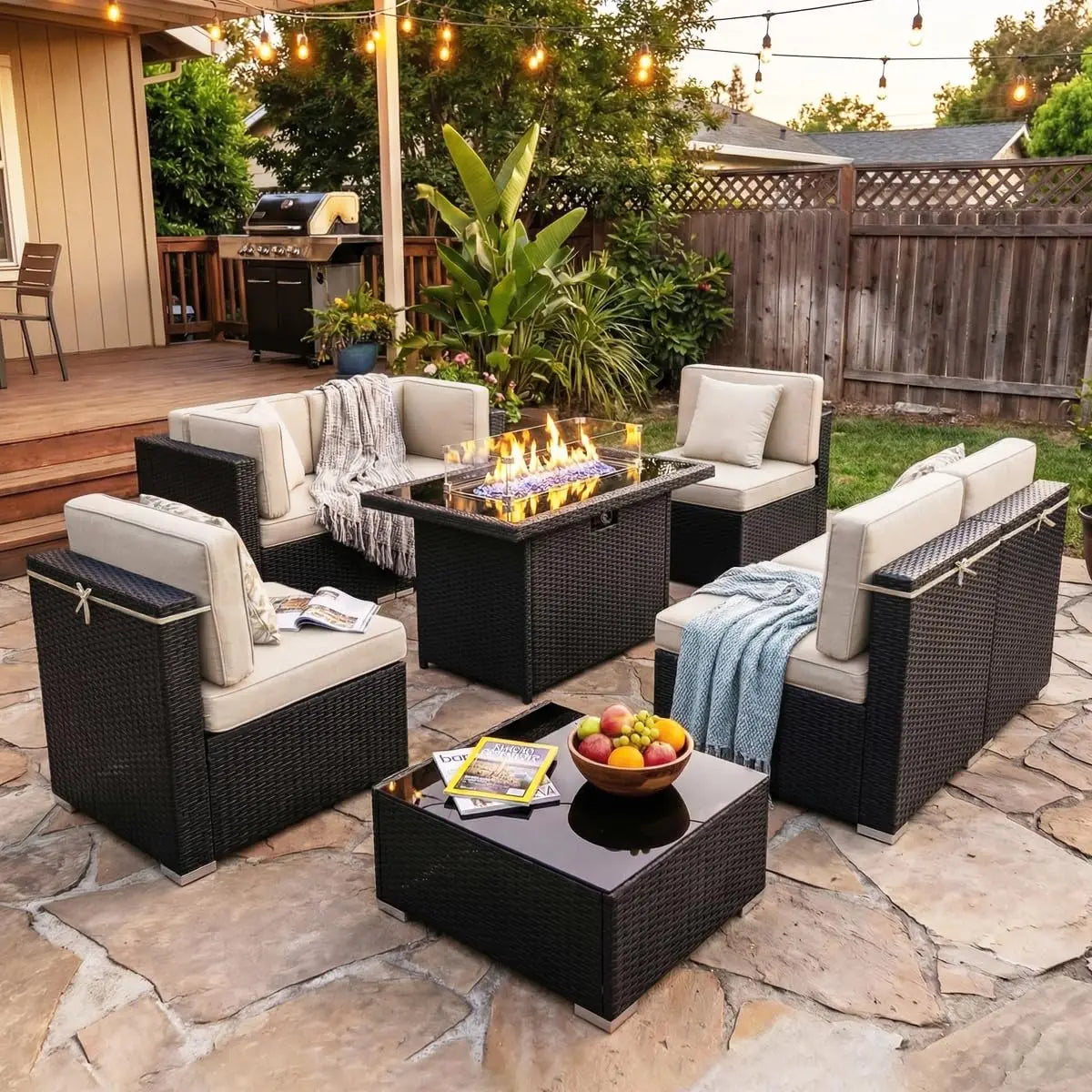 8 Pieces Outdoor Sectional Wicker Patio Furniture Set with 44" Propane Gas Fire Pit Table Customized