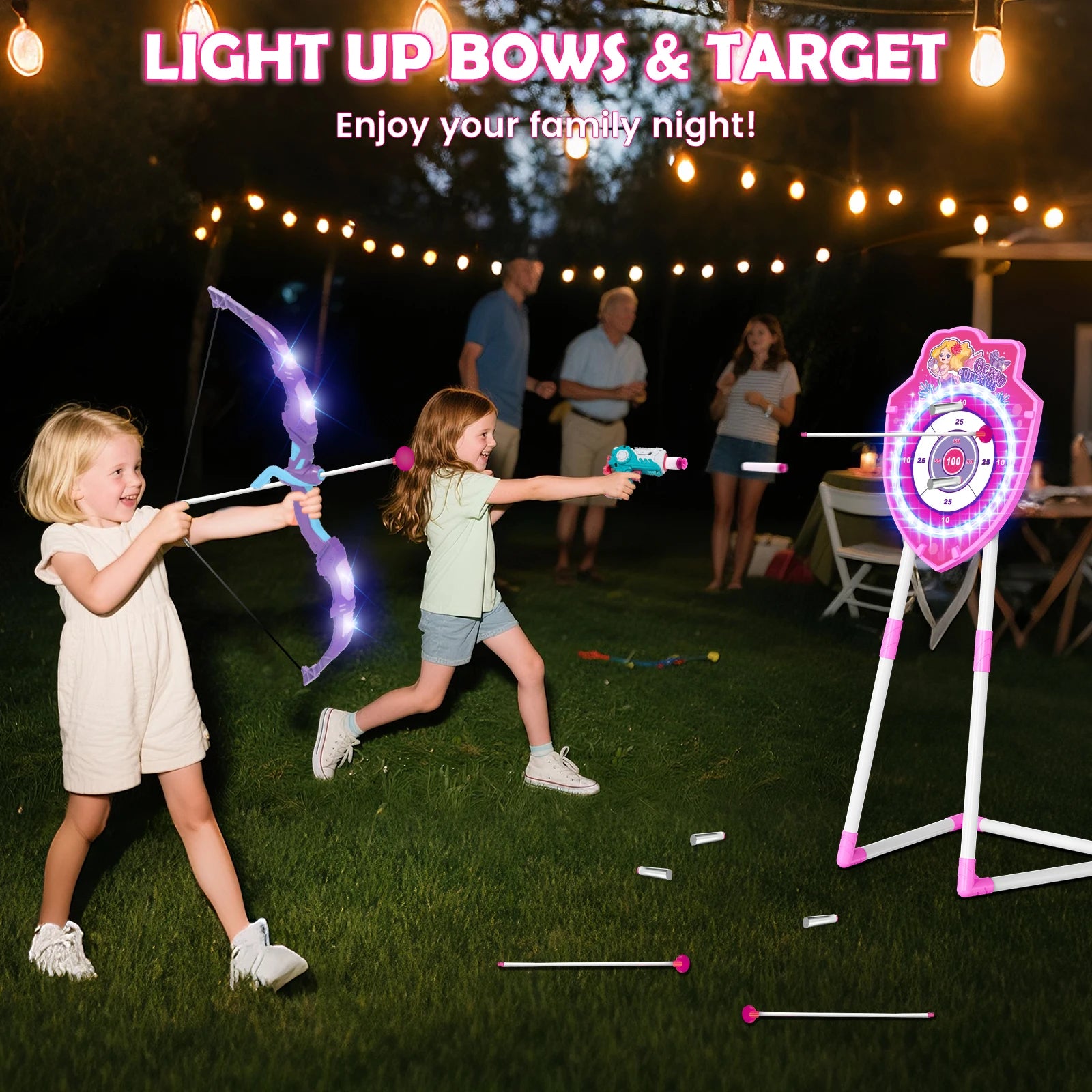 VATOS Night Light Bow & Arrow, Guns, and Archery Stand Target Board. Indoor and Outdoor Game for Girls
