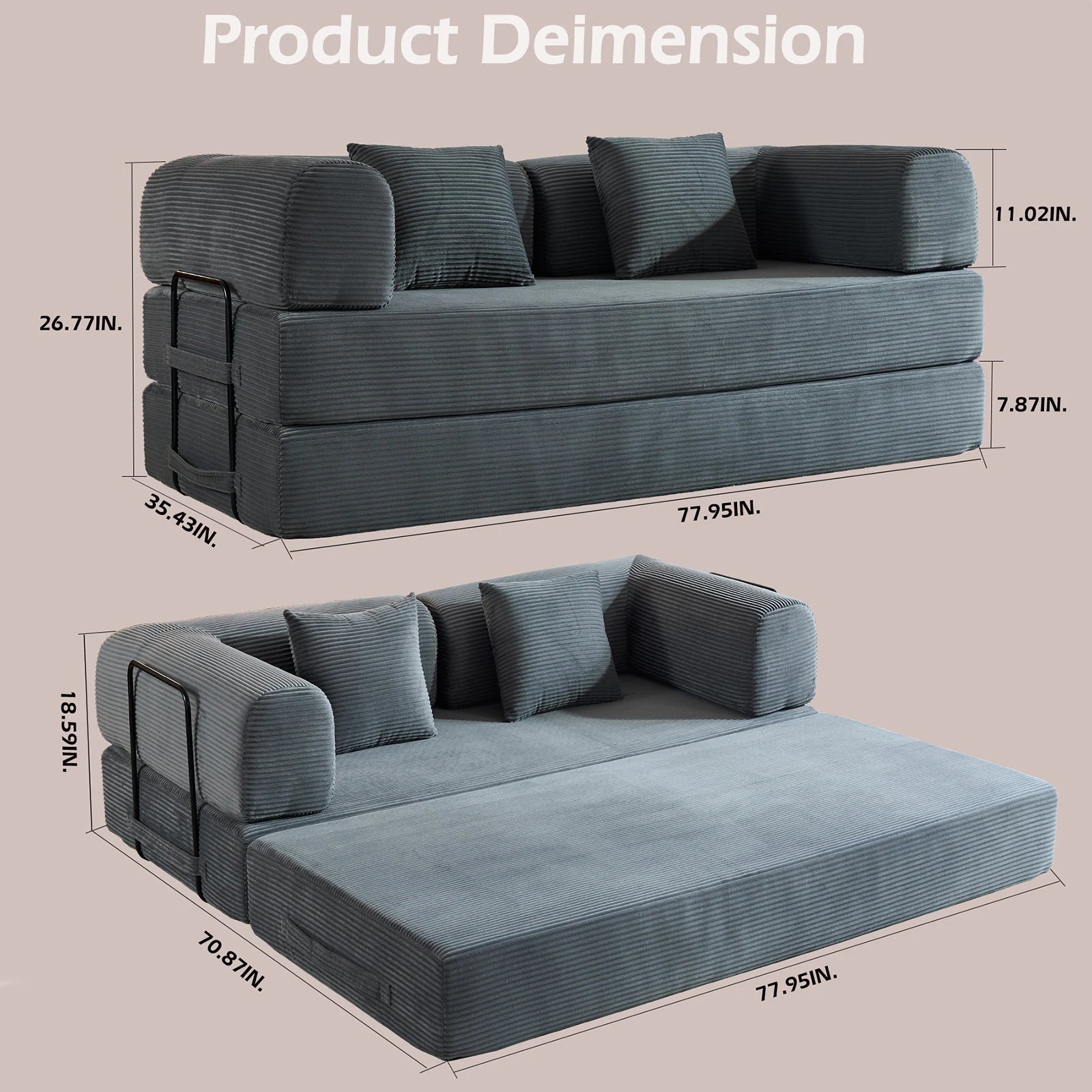 Oversized Corduroy Convertible Futon Bed and Loveseat for Small Spaces