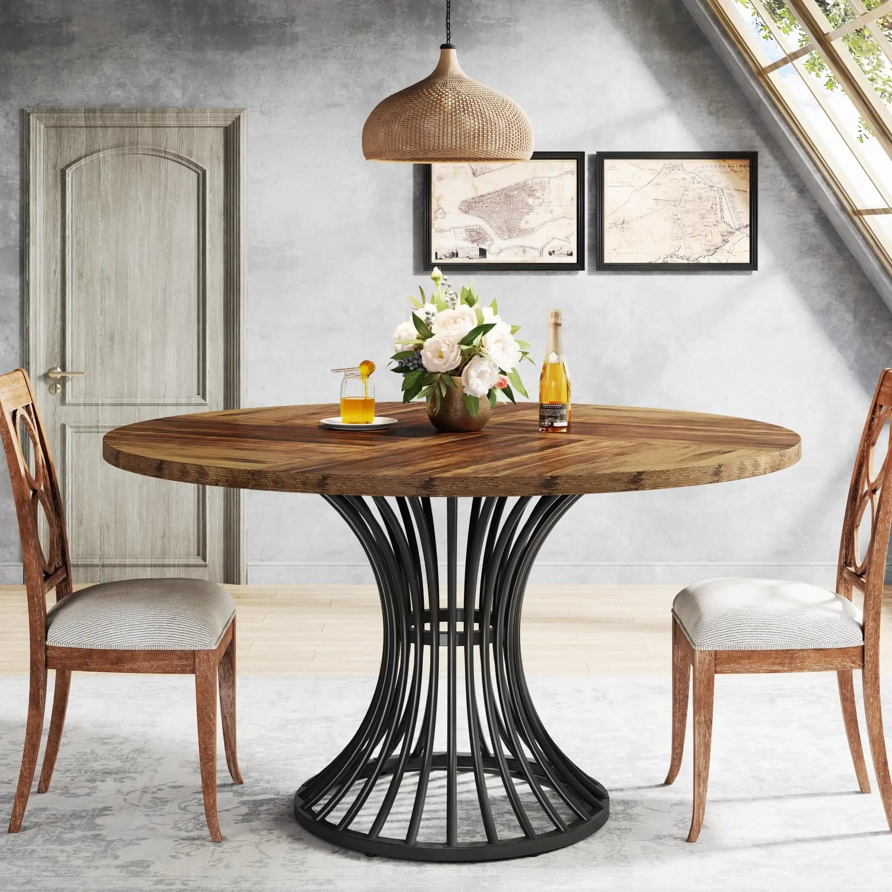 Tribesigns 47" Wooden Round Dining Table with Metal Base for 4-6 People