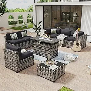 8 Piece Wicker Ratton Outdoor Sectional Patio Furniture Set with 44” Fire Pit Table