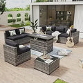 8 Piece Wicker Ratton Outdoor Sectional Patio Furniture Set with 44” Fire Pit Table