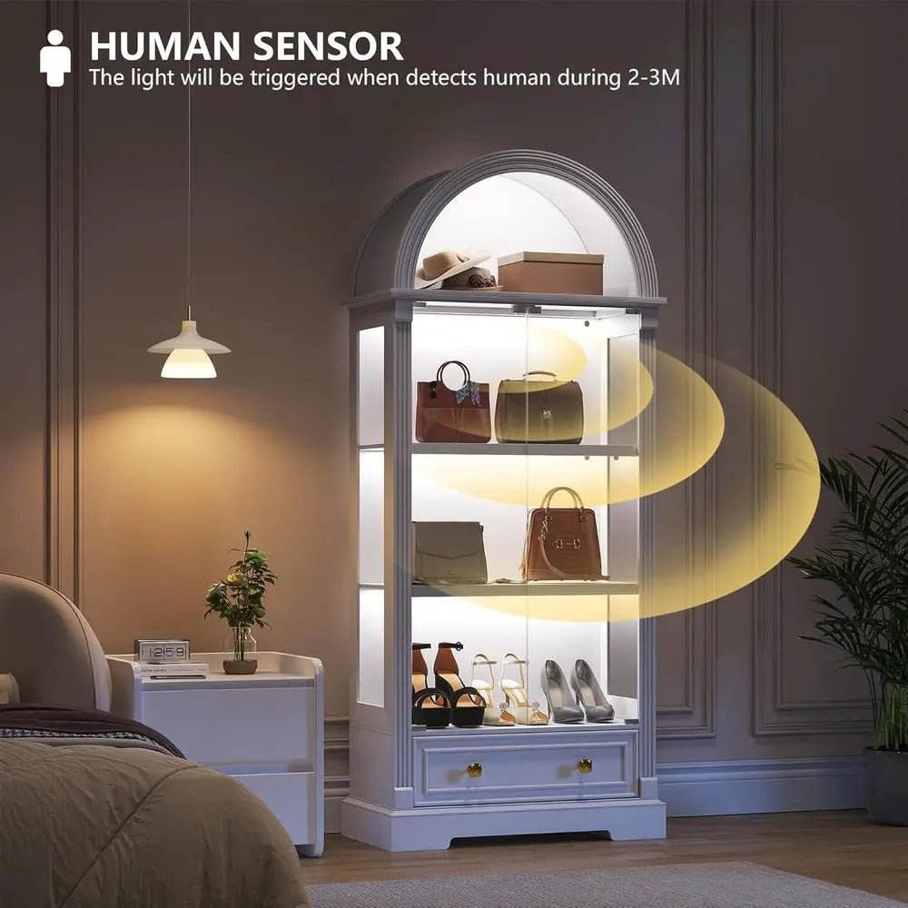 72" Tall Curio Cabinet with Human Sensor Lights, 4-Tier Display Case