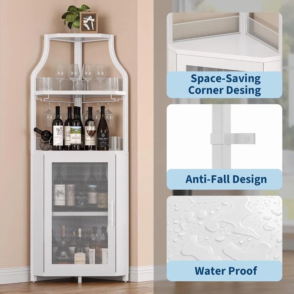 5-Tier Corner Wine Cabinet with Glass Holder, White
