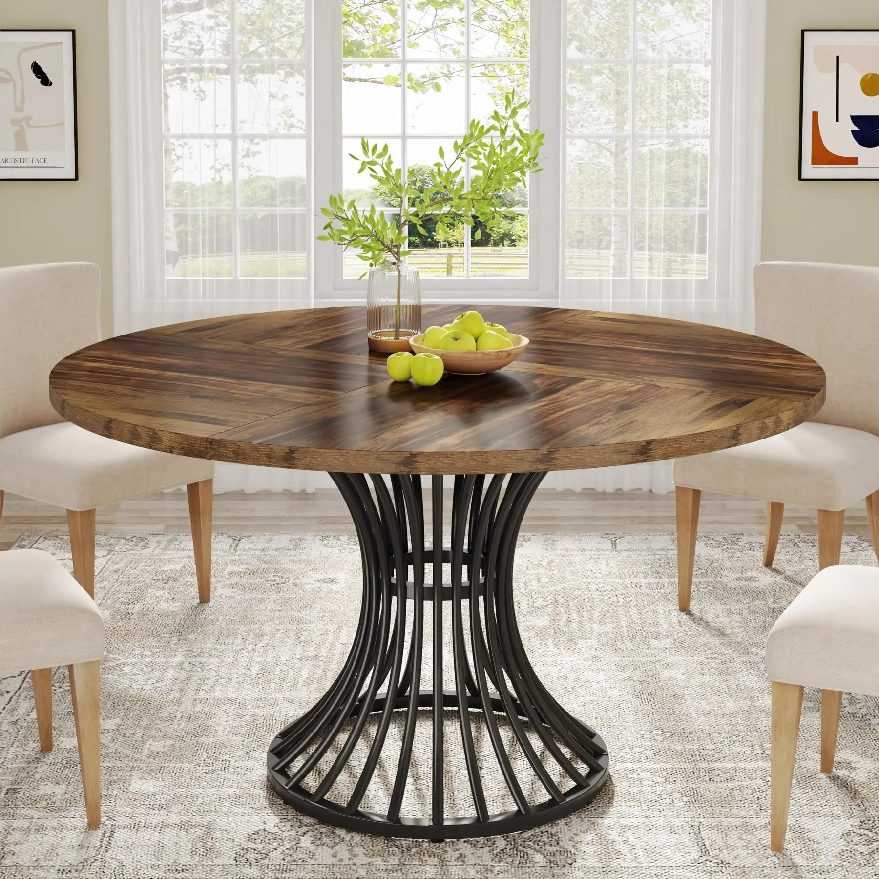 Tribesigns 47" Wooden Round Dining Table with Metal Base for 4-6 People