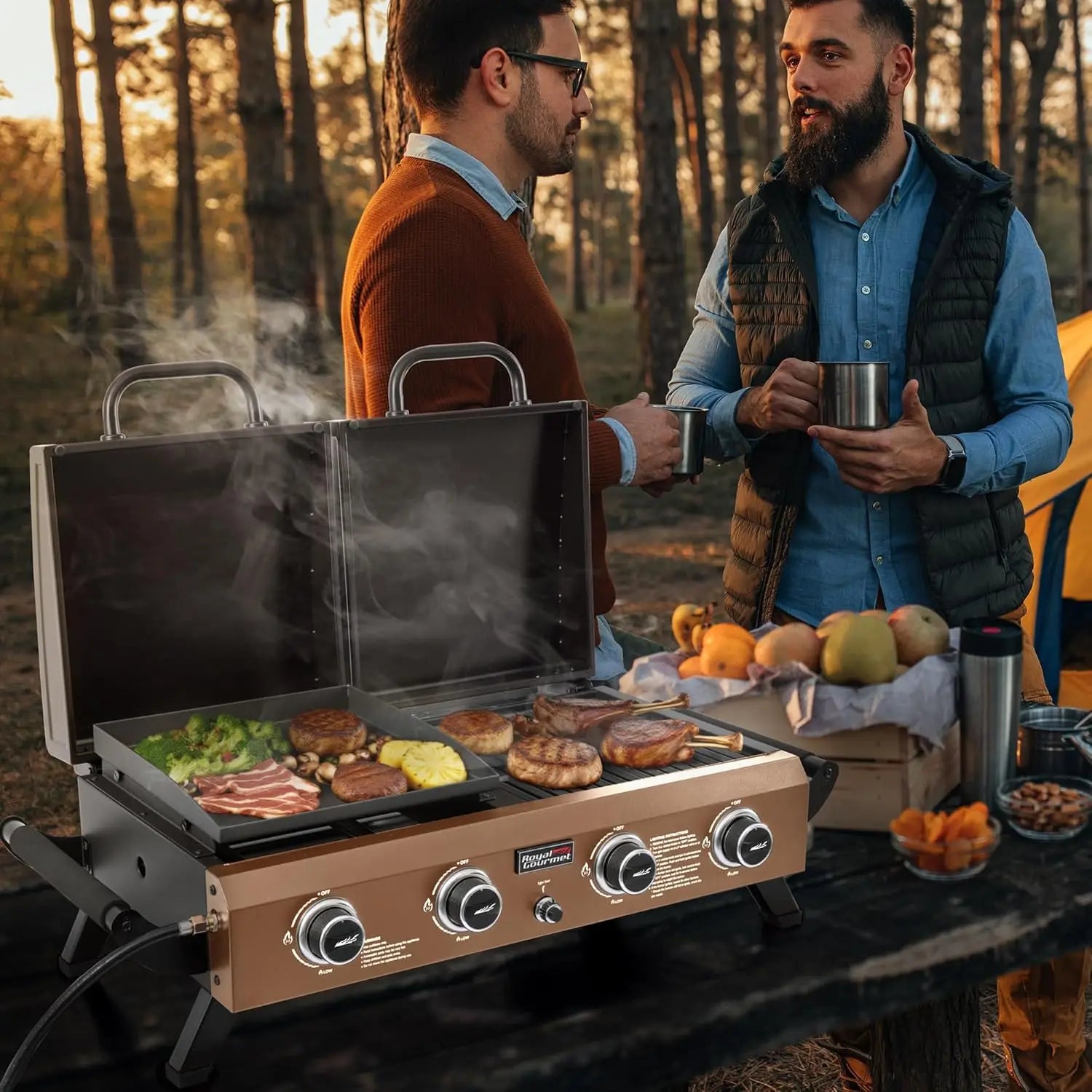 GD4002TPY Portable Propane Gas Grill & Griddle Combo with Hood with 4-Burners