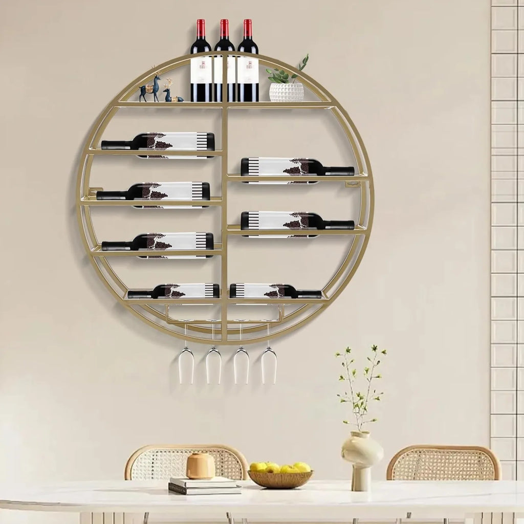 BYMAOCAR Gold Wall Mount Wine Display Rack with Stemware Holders and 10 Wine Bottles Storage