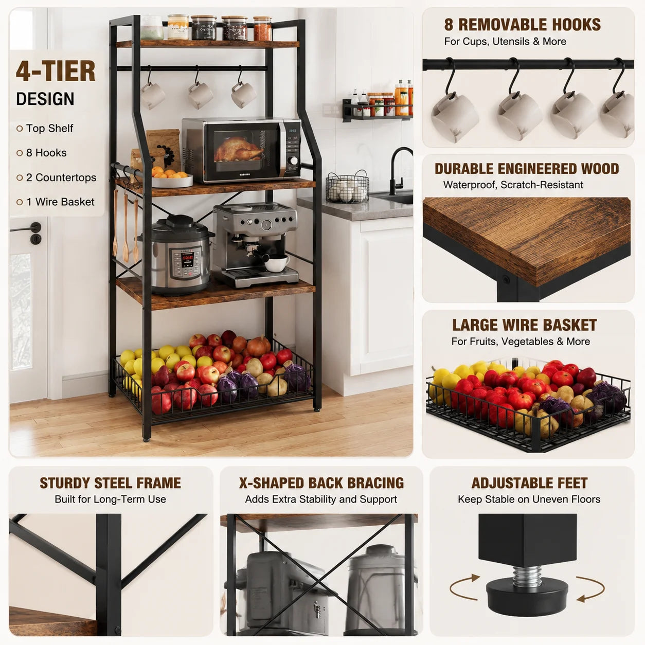 4 Tier Kitchen Bakers Rack, Microwave Stand, and Storage Shelf with Wire Basket 8 Hooks