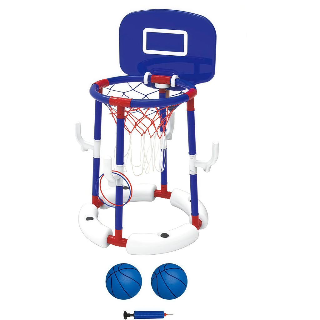 Floating Pool Basketball Hoop Set 2-in-1 Pool Game with Backboard & Ring Toss, Stable Anti-Tip Base, 2 Balls, Rings & Pump