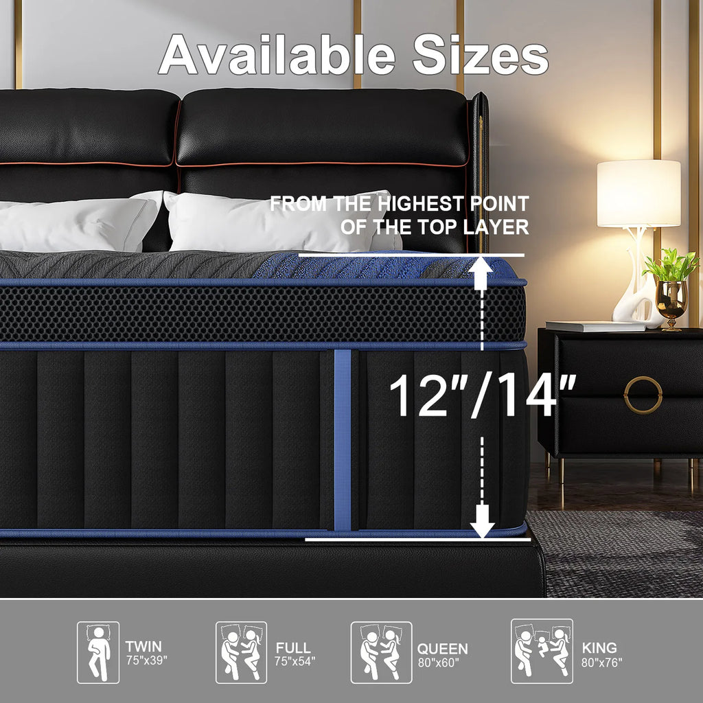 12/14" Euro Top Hybrid Memory Foam Mattress, Medium Firm in Twin, Full, Queen, and King Size