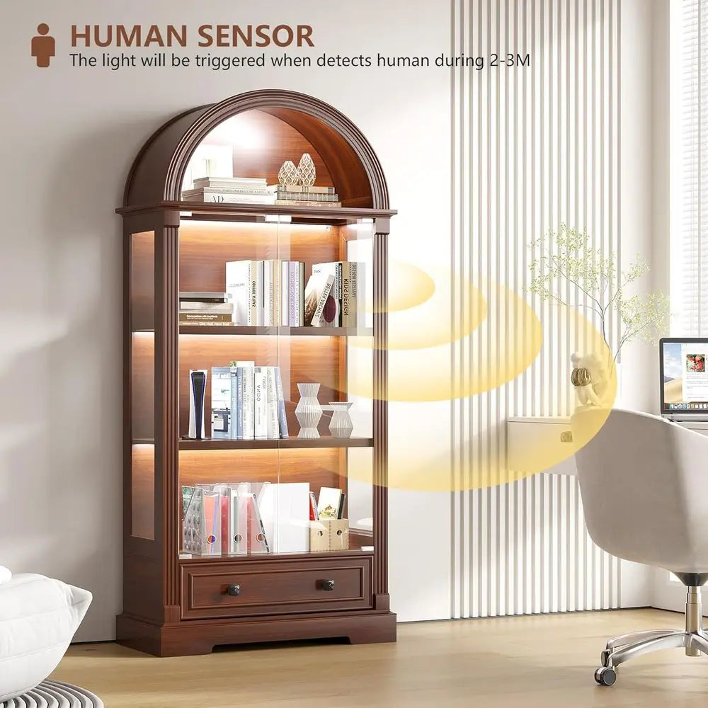 72" Tall Arched Display Cabinet, Human Sensor Lights, 4-Tier Large Shelves