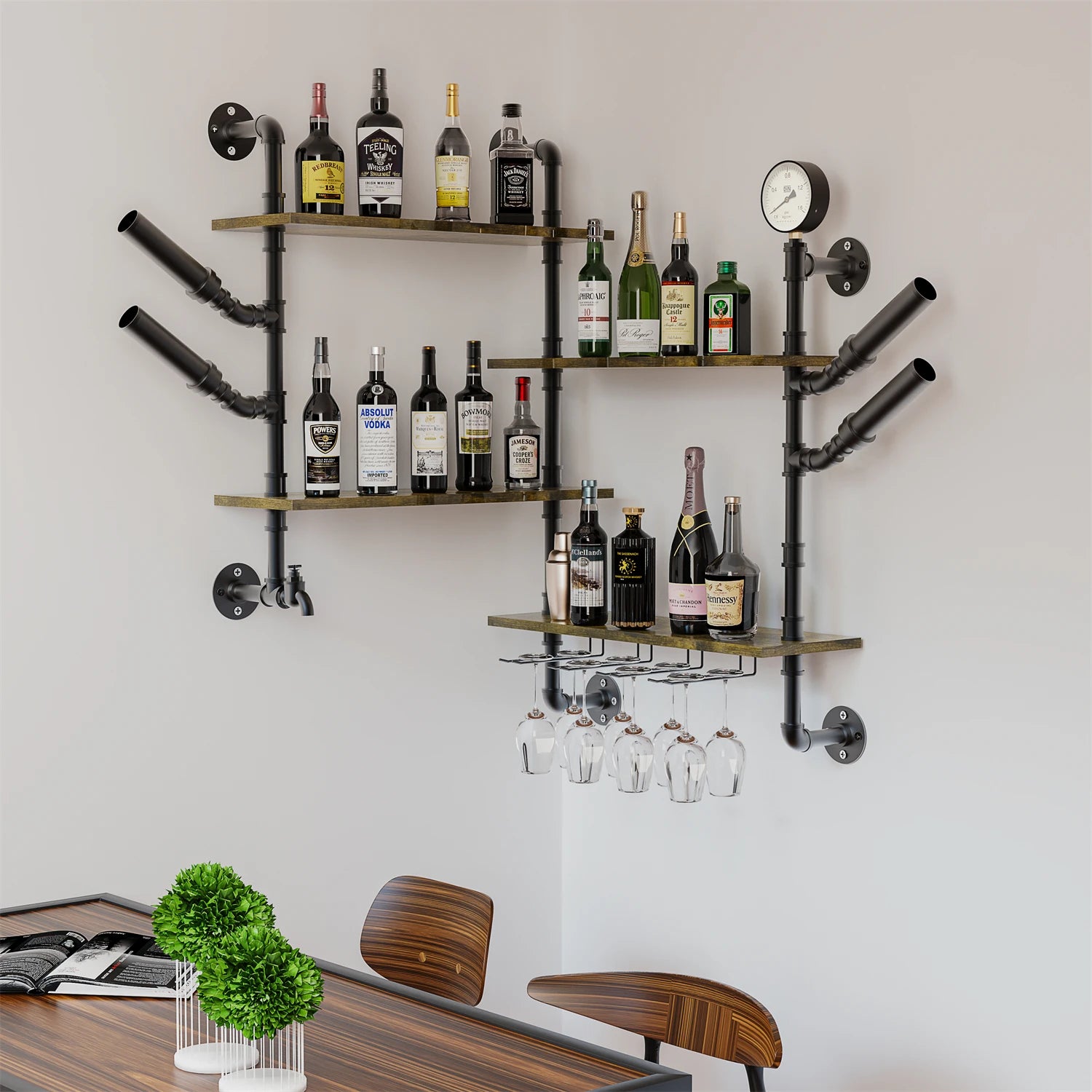 Pipe Bar Liquor Shelf, Floating Shelves with Wine Glass Holder