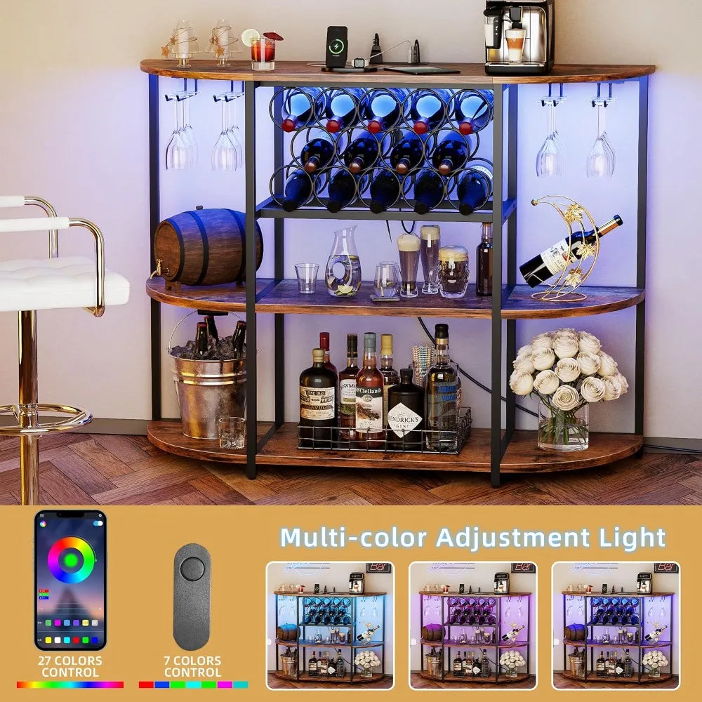 Liquor Cabinet with Glass & Wine Racks, Multi Color LED Light and USD Port