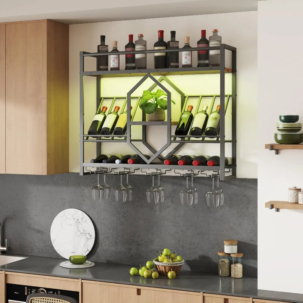 Wall Mount 3-Tier Wine Rack with Stemware Holder, Remote LED Lights