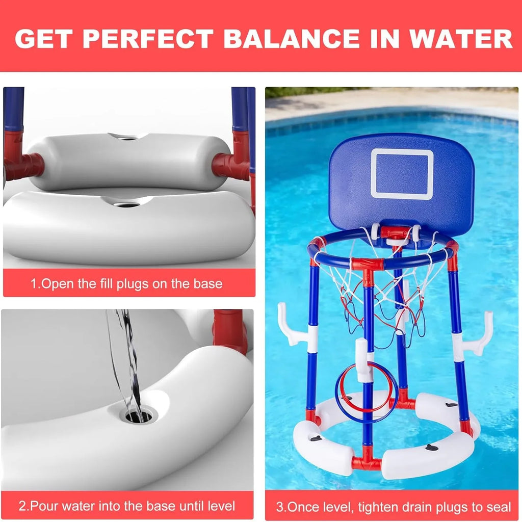 Floating Pool Basketball Hoop Set 2-in-1 Pool Game with Backboard & Ring Toss, Stable Anti-Tip Base, 2 Balls, Rings & Pump
