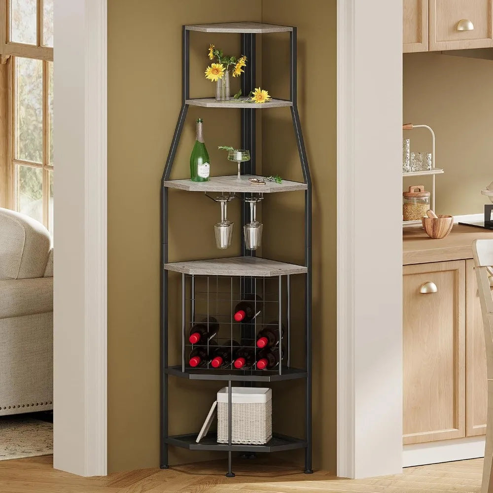 5-Tier Corner Wine Rack with Glass Holder