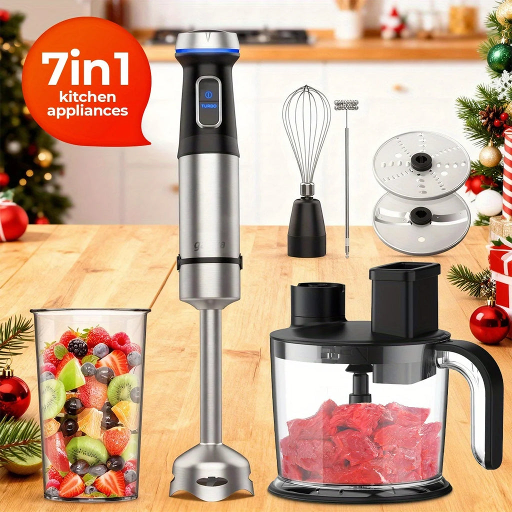 usGaniza 7-in-1 Stainless Steel Handheld Immersion Blender, 15 Variable Speeds And Turbo Modes With 50.72oz Food Processor