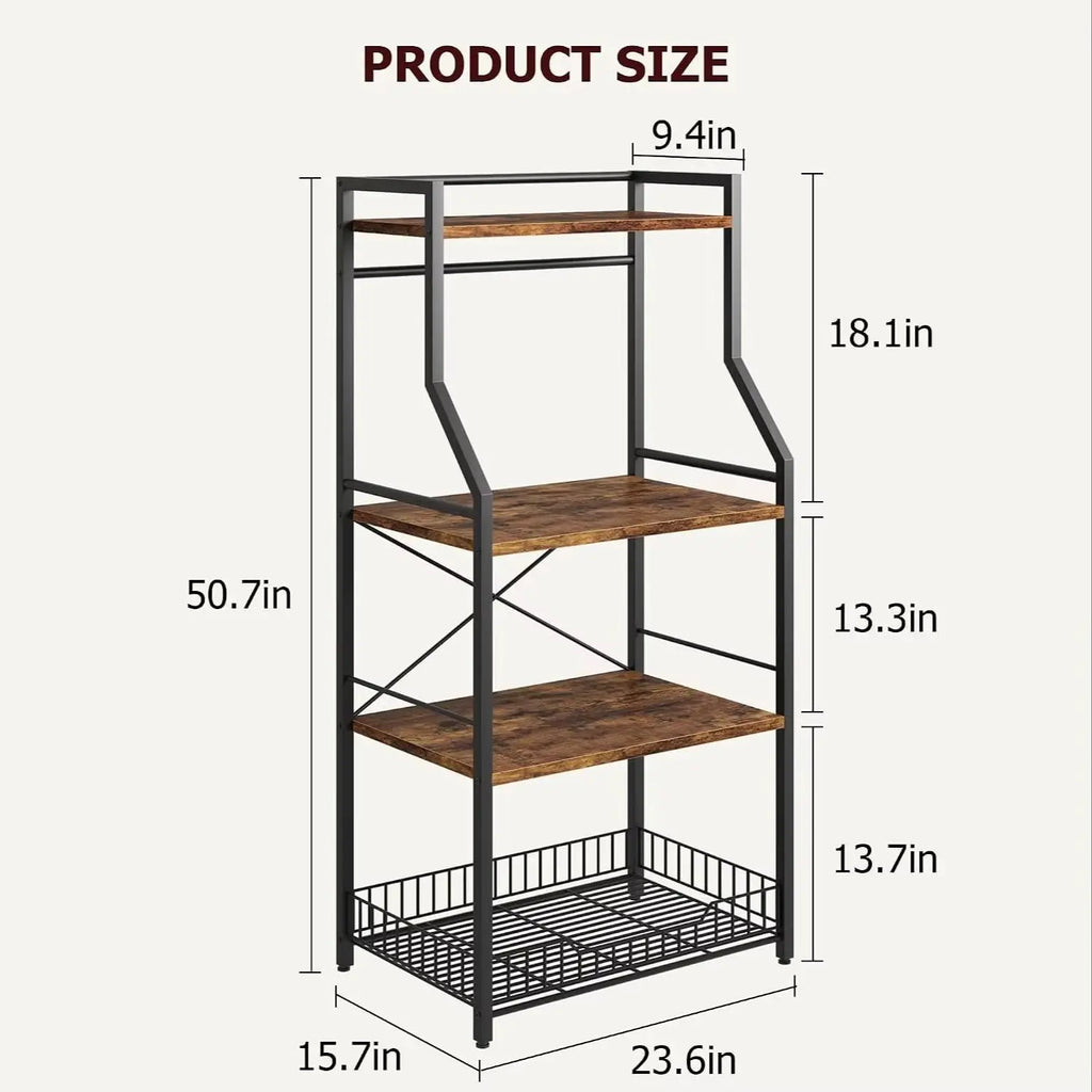4 Tier Kitchen Bakers Rack, Microwave Stand, and Storage Shelf with Wire Basket 8 Hooks