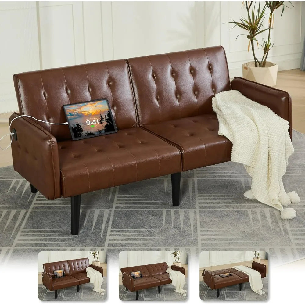 TYBOATLE Brown Faux Leather Futon Sofa Bed Convertible Sleeper Loveseat 2 USB Ports
