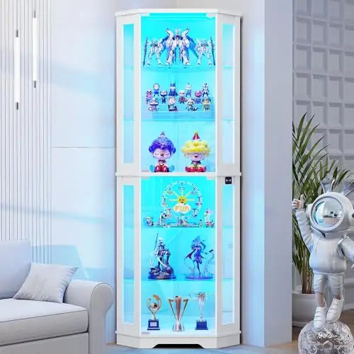 71" Curio Cabinet 6 Tier Shelves, 3 Color LED Lighting with Motion Detector