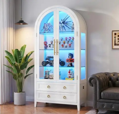 71" Curio Cabinet 4 Tier Shelving with LED Lights, Glass Doors and Drawers