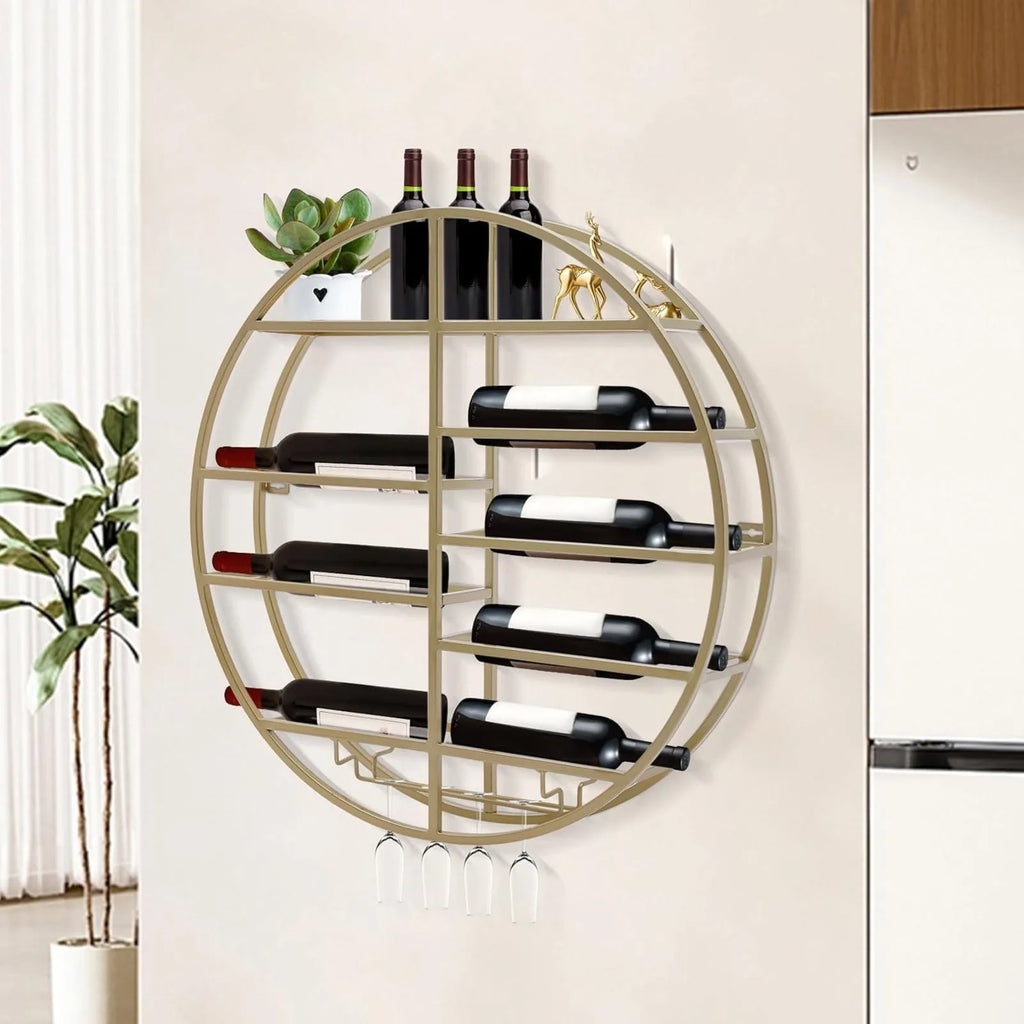 BYMAOCAR Gold Wall Mount Wine Display Rack with Stemware Holders and 10 Wine Bottles Storage