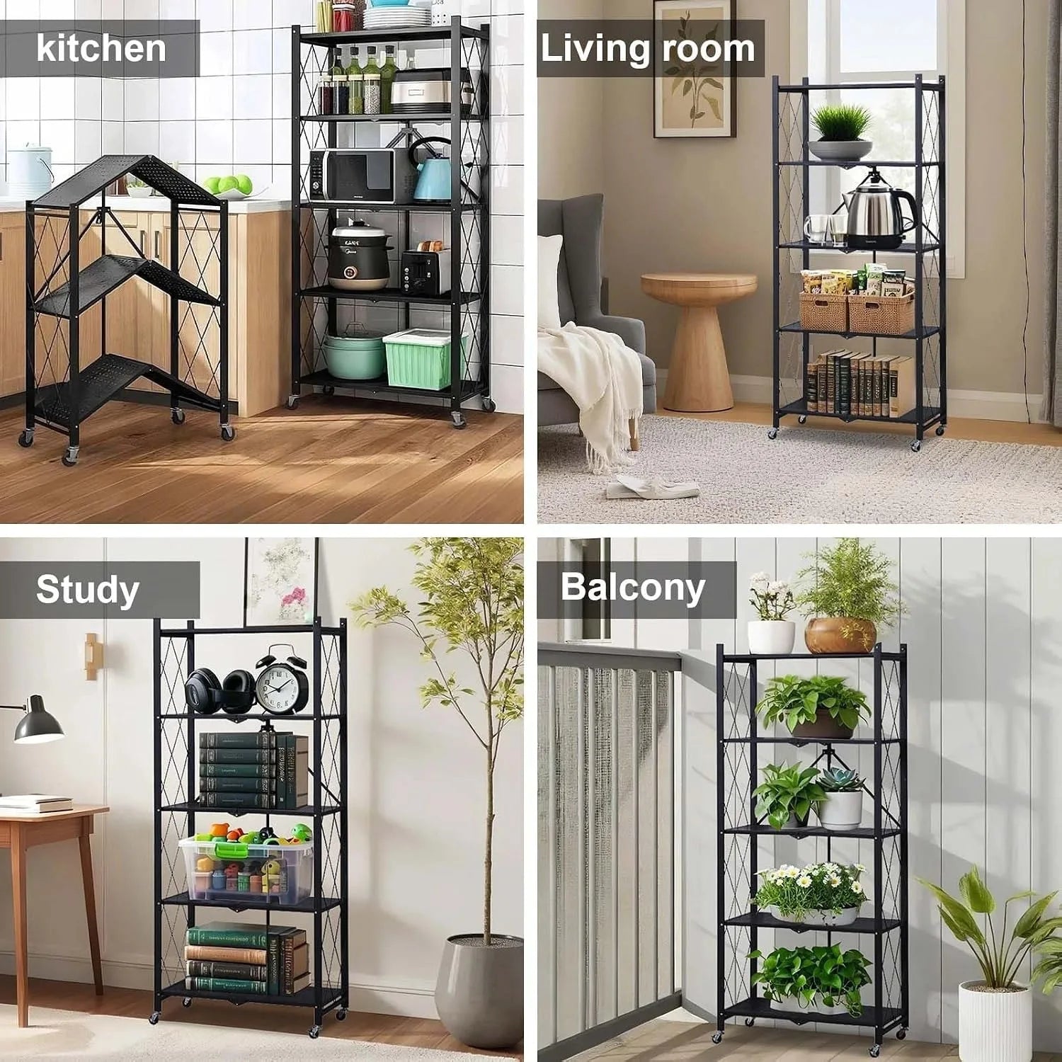 Heavy Duty 5-Tier Collapsible Metal Storage Rack with Wheels