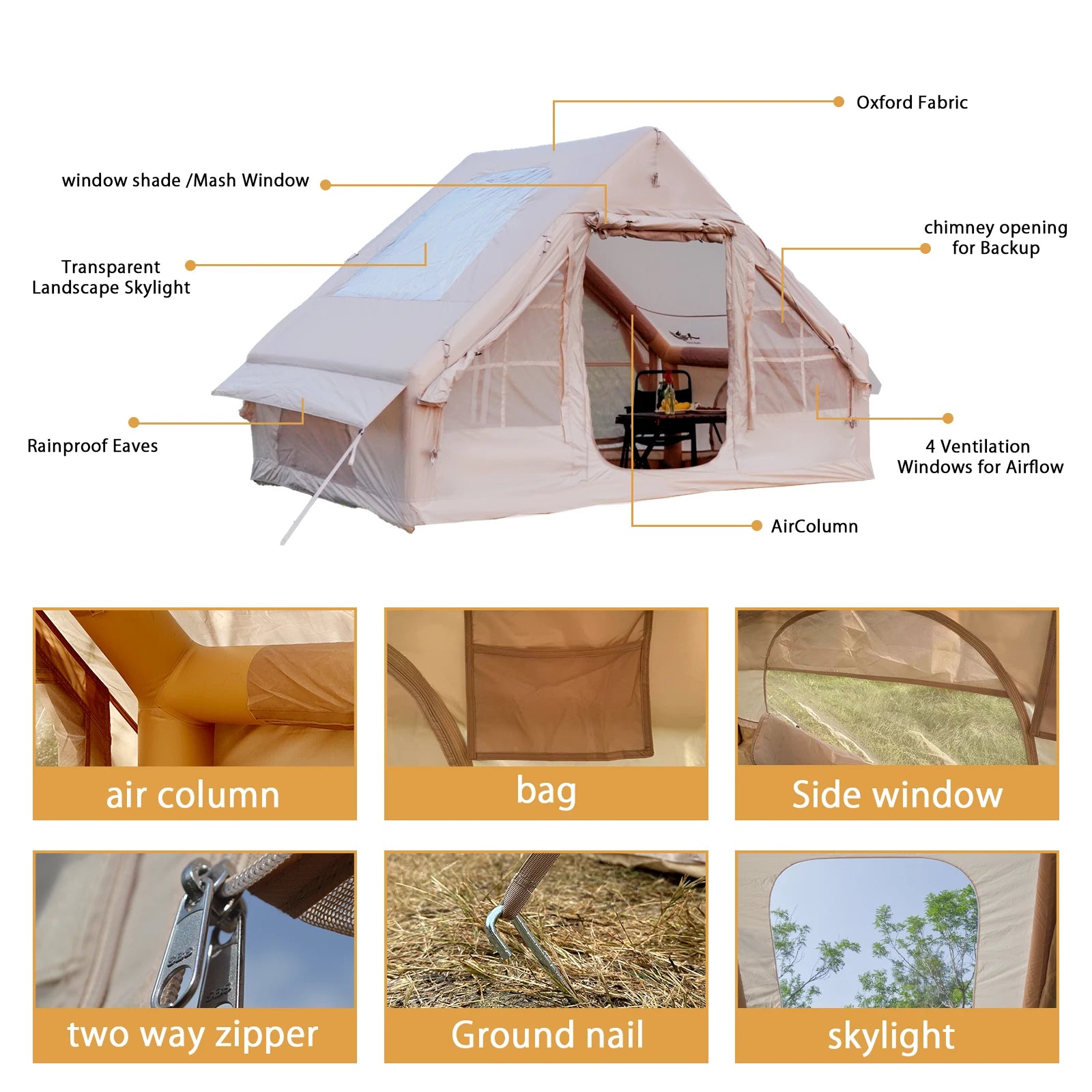 PAKICETUS Inflatable Tent with Skylight. Quick Setup with Pump 4-6 Persons