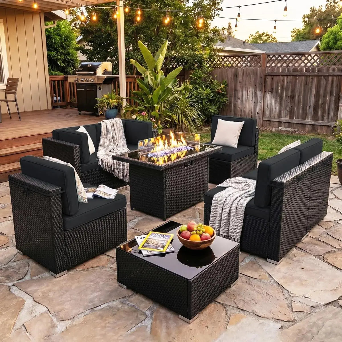 8 Pieces Outdoor Sectional Wicker Patio Furniture Set with 44" Propane Gas Fire Pit Table Customized